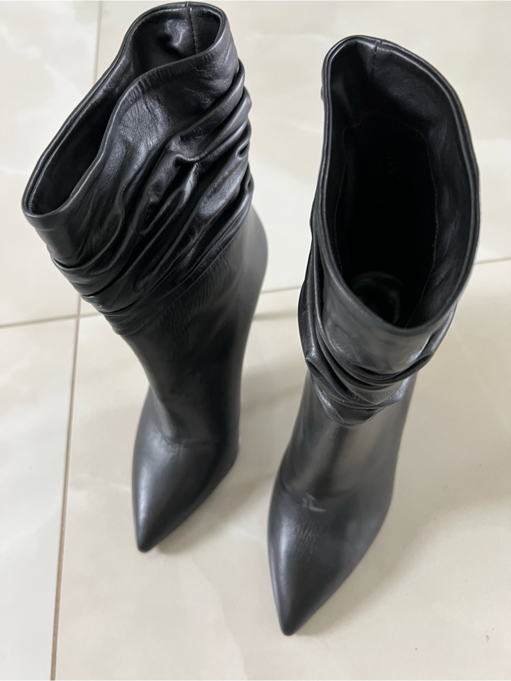 Black Pointed-Toe Slouchy Mid-Calf Boots